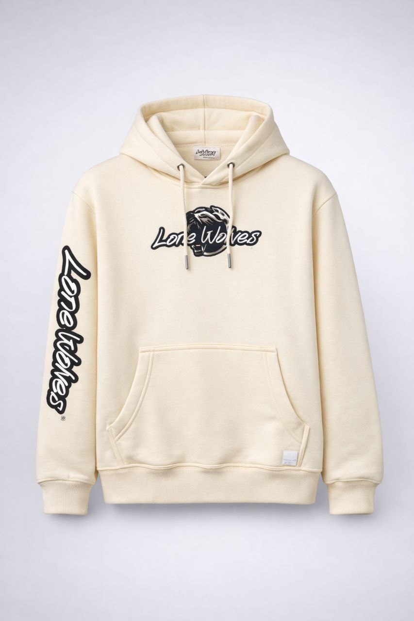 Cream LONE WOLF embroidered hoodie