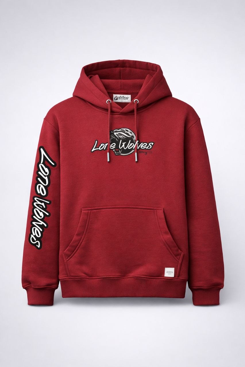 Maroon LONE WOLF embroidered hoodie